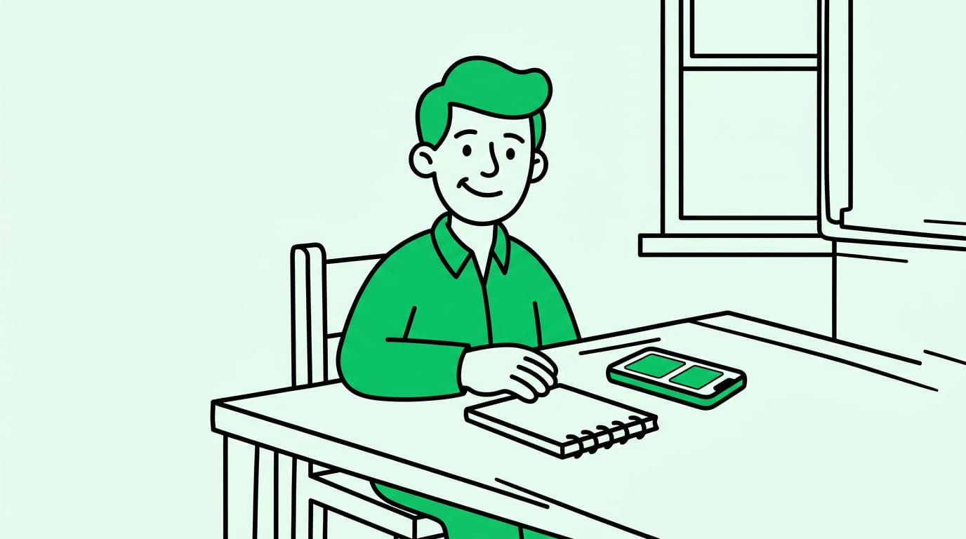 friendly person facing the camera with a warm smile, sitting at a kitchen table with a simple notebook and a phone showing blank job cards, relaxed everyday pose, one clear subject, nobody behind them
